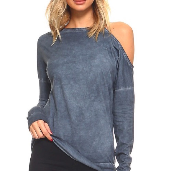 Cold shoulder dusty blue long sleeve blouse - Picture 2 of 4